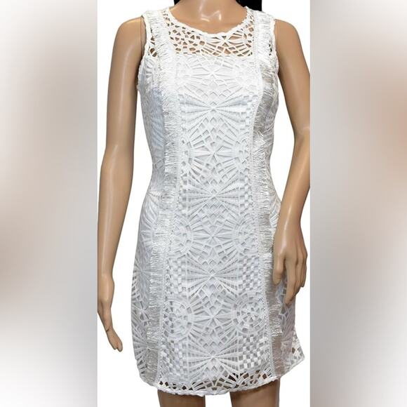 BEBE White Mini Dress Lace Fringe Bridal Bride Prom Formal HOCO sleeveless sz 2 - Picture 1 of 11